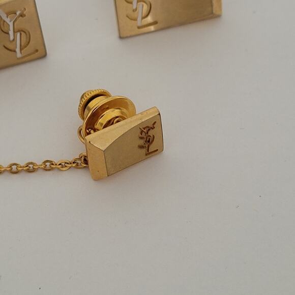 Yves Saint Laurent YSL Gold Tone Rectangle Logo Cufflinks Tie Pin Designer Set - Picture 4 of 12